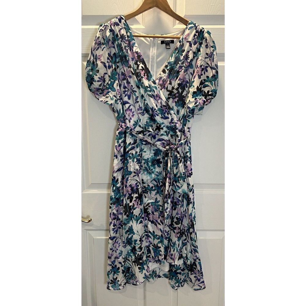 Chaps Women Faux Wrap Dress Size 16 Green, Purple & White Lined Sheer Sleeves
